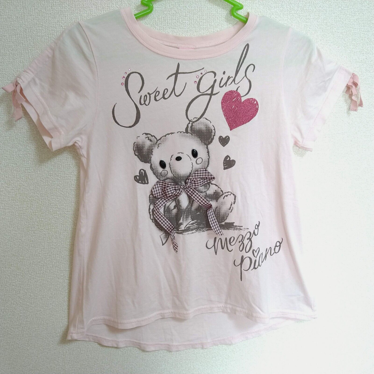 Mezzo Piano T-shirt Tops 140cm/S Kids Light Pink Ribbon Rhinestone