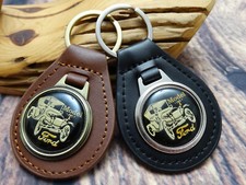 New Rare Vintage 1970s Ford Model T Black Leather Key Chain Ring Fob Nos