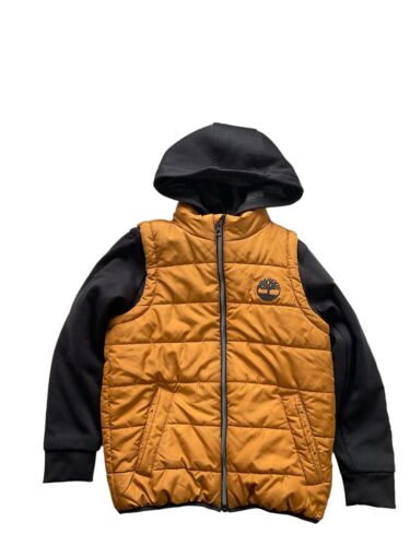 Timberland Boys Hybrid Puffer Hooded Jacket, Sz L (10-12) Black & Brown Zip-up - Picture 1 of 9