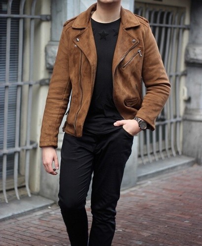 Men Tan brown Suede biker Jacket, Men 