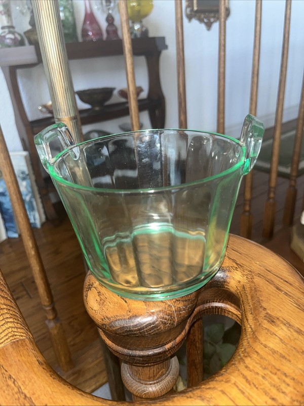 4” Green Depression Glass Ice Bucket Wide Panel Pattern Two Handle