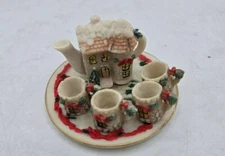 Vintage Miniature Christmas Cabin Tea Set Tray Tea Pot and Mugs 7 Piece Set