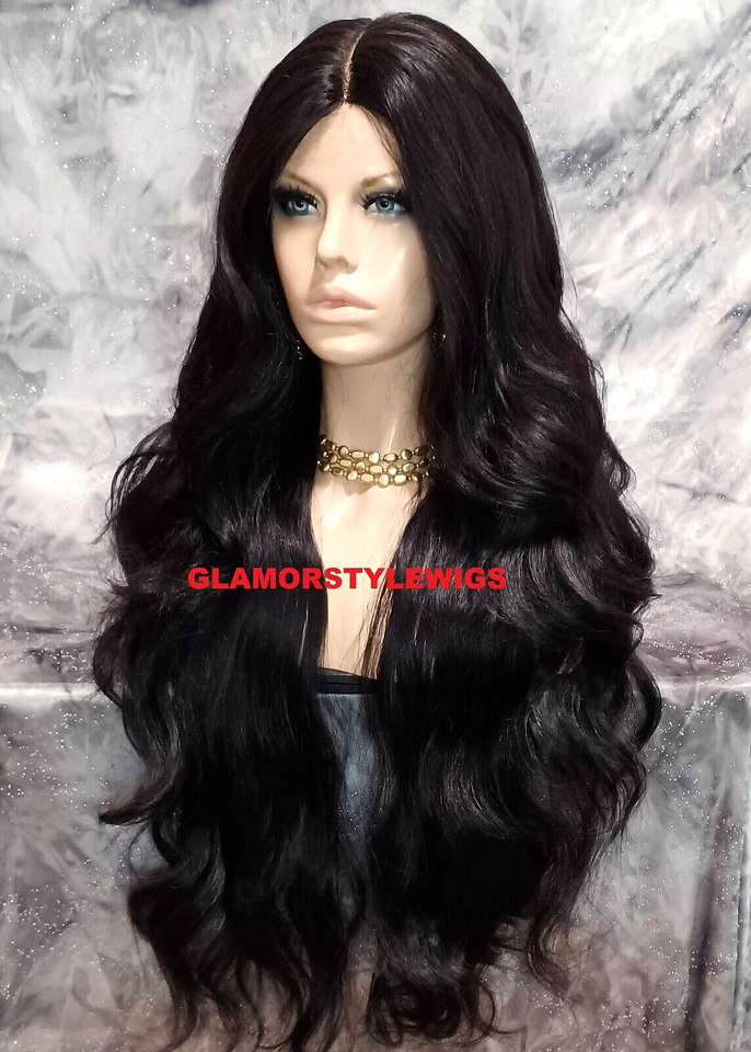 39" LACE FRONT FULL WIG EXTRA LONG WAVY LAYERED MIDDLE PART OFF BLACK