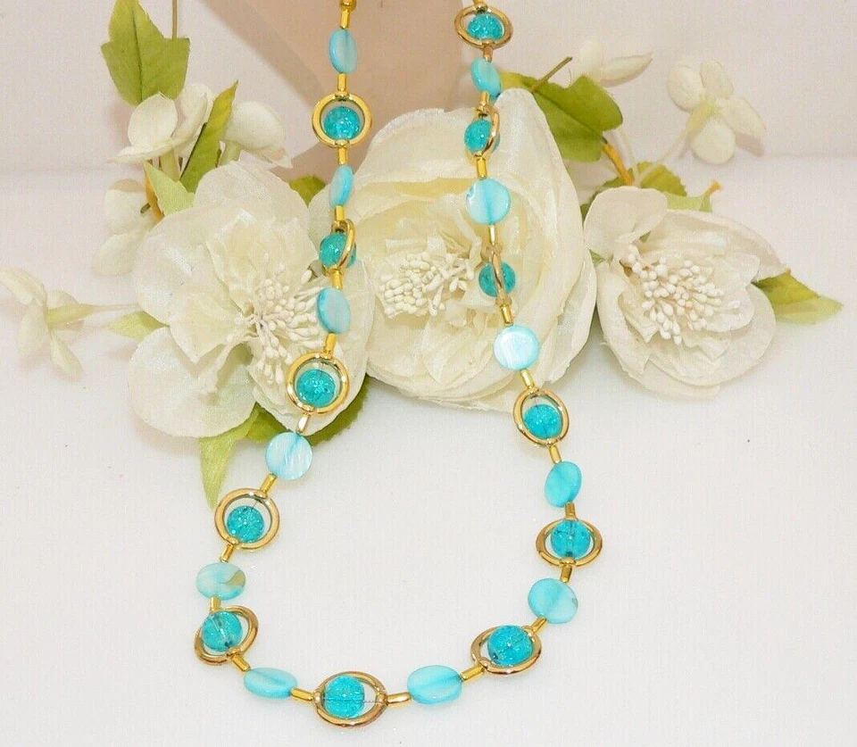 Schmuckset Kette Ohrring Perlmutt Muschel Glas Perle crash türkis gold 297c - Bild 4 von 4