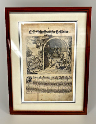 17th Century German Engraving First Arrival Dutchmen in Gabam Africa FRAMED