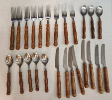 Vintage 25 Piece Old Homestead Wood Handle Stainless Steel Flatware MCM