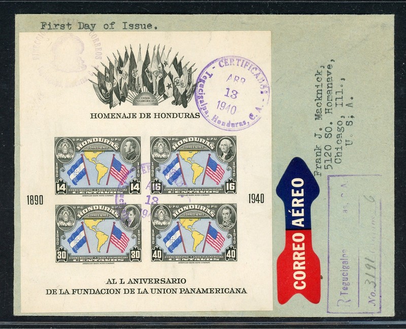 HONDURAS POSTAL HISTORY: LOT #2 C99 Pan-American Union IMPERF S/S REG FDC $$$