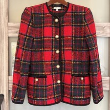 VTG Talbots Wool Blazer Gold Pearl Button Boucle Red Tartan USA Sz 6 36 Chest