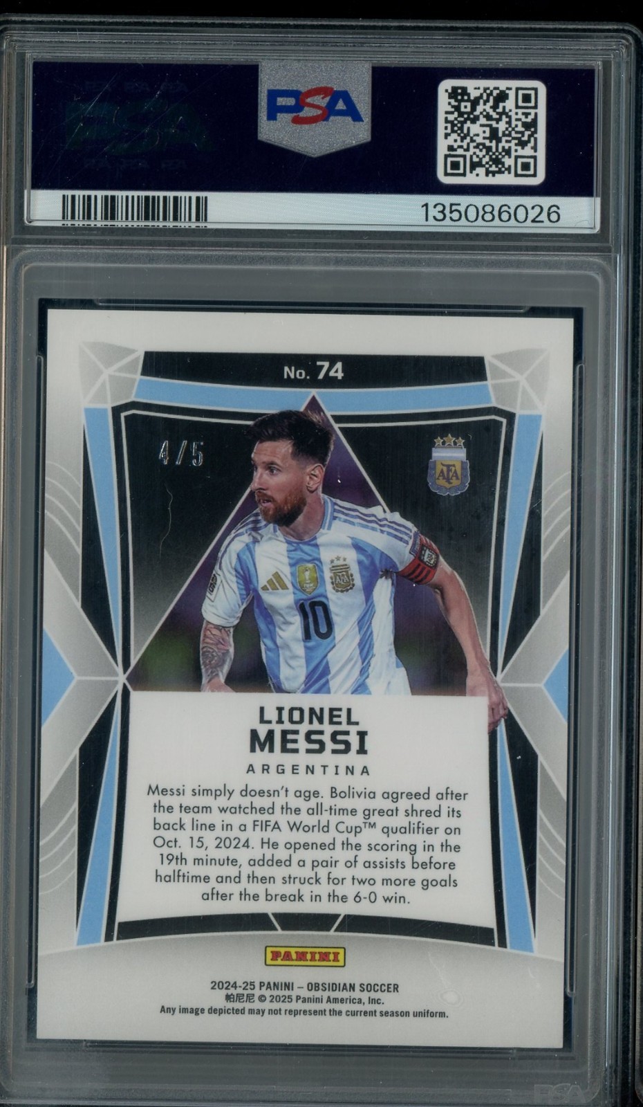 2024-25 Obsidian Soccer Electric Etch Green #74 Lionel Messi 4/5 PSA 9 MINT view 2