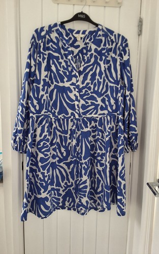 Linen Cotton Dress Sz L H&M Womens Blue & White Summer Breathable - Picture 3 of 9