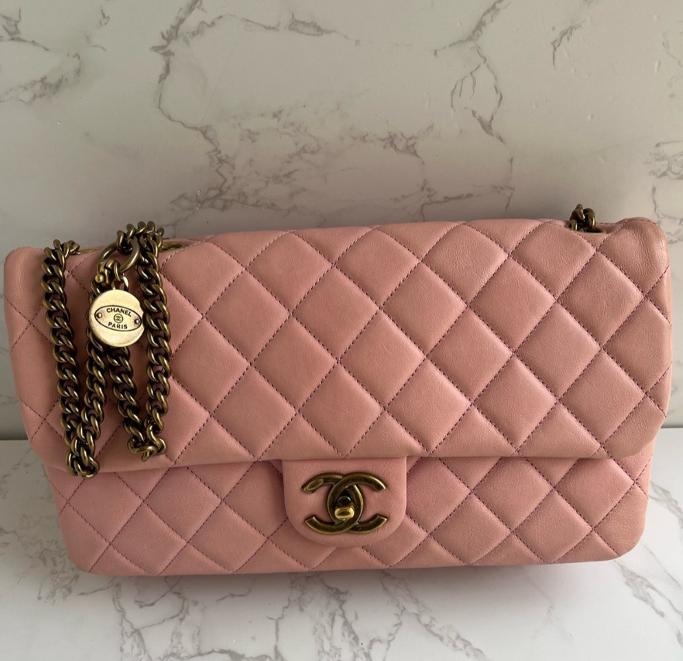 Chanel Classic Flap Chain Shoulder Bag Pink Gold Women Diamond Designer