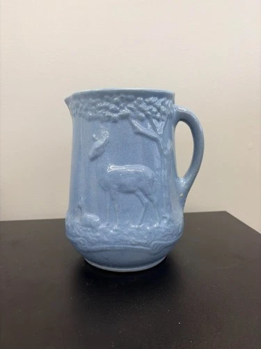 Brush McCoy Uhl Blue Salt Glaze Stoneware Water Pitcher Deer Fawn 8 1/2" Tall