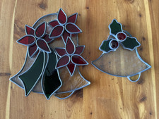 LOT OF 2 VINTAGE HANDMADE STAINED GLASS CHRISTMAS BELLS POINSETTIA HOLLY BERRIES