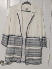 Chicos Eyelet Beading Fringe Open Front Lined Navy Cream Jacket Blazer Sz 1/Med