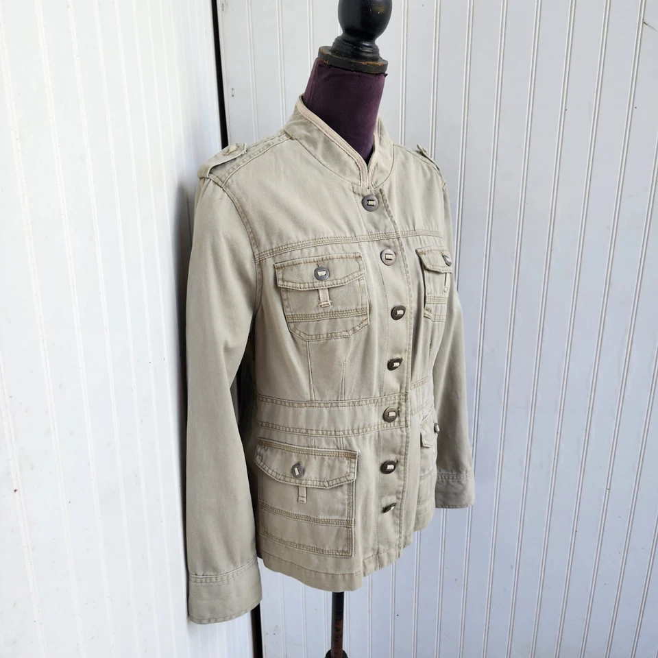 Chaqueta informal de mezclilla beige caqui para mujer Axcess 100 % algodón talla XL Foto 2 de 4