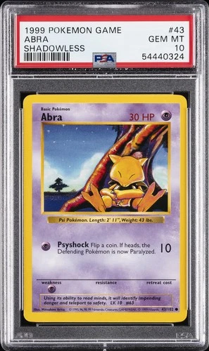 1999 POKEMON BASE SET SHADOWLESS #43 ABRA PSA 10