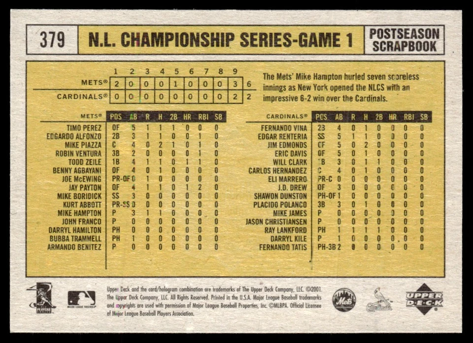 2001 Upper Deck Vintage Mike Hampton New York Mets #379 - Image 2 of 2