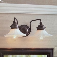 NIB 2-Lite Bathroom Vanity or Wall Light w/ Floral Glass Shade Bronze Finish 