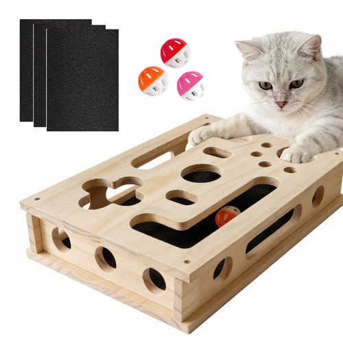 Cat Scratch Puzzle Enrichment Box, XL Solid Wood Cat Nail File Scratcher Box wit