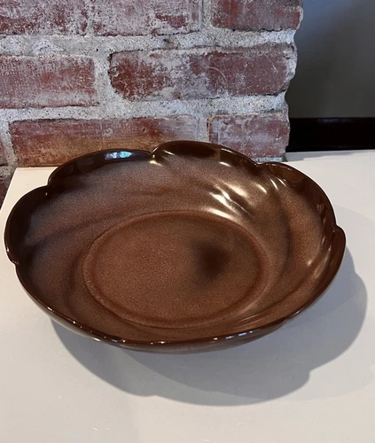 Vtg Frankoma Pottery Large Serving Bowl 10" Round Prairie Scallop Edge Brown 218