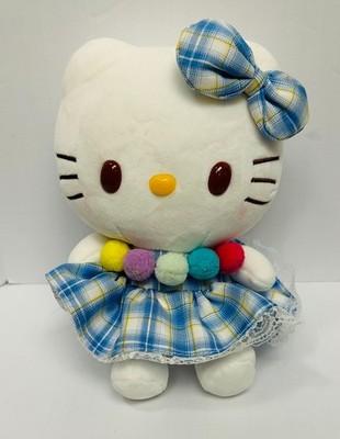 Sanrio Hello Kitty Colorful Pompom And Blue Plaid Dress 9'' Stuffed Animal Plush