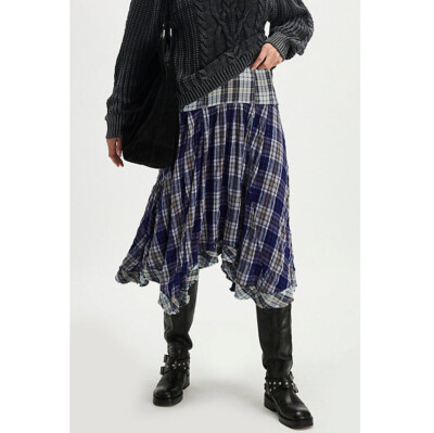 Free People Whitestone Plaid Midi Skirt in Blue Combo Sz 10