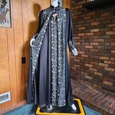 Vtg Gothic Romantic Peignoir Nightgown Blk Lace Full Sweep Nylon Robe Set M/L/XL