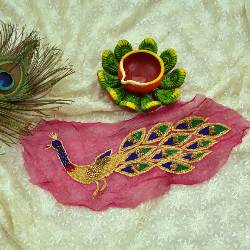 Vintage 2 Pcs Appliques Pink Chiffon Silk Peacock VERY OLD ANTIQUE Rare Patches - Image 3 of 4