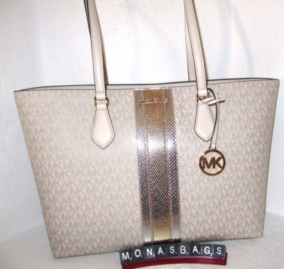 Michael Kors Sheila Large Signature Logo Pale Gold Metallic Tote Bag NWT $628
