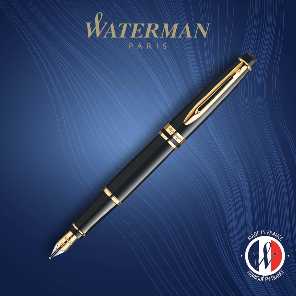 Waterman Expert Fountain Pen, Gloss Black, 23k Gold Trim, Fine Nib with