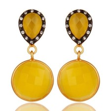 18K Gold Plated 925 Silver Yellow Chalcedony CZ Dangle Earrings Jewelry
