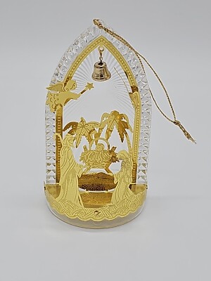 Vintage  Nativity  Scene Ornament 3D Diorama Gold Tone Acrylic Plastic