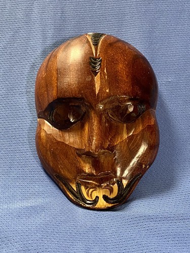Vintage Hand Carved Japanese Wood Mask  3D Relief Painted And Signed