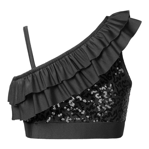 Girls Sequined Ruffled Ballet Dance Crop Top Modern Jazz One Shoulder Cami Vest - Picture 6 of 66