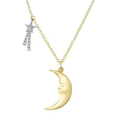 14K Gold Sternschnuppe Halbmond Mond Diamant Collier natürlich 0,06 ct