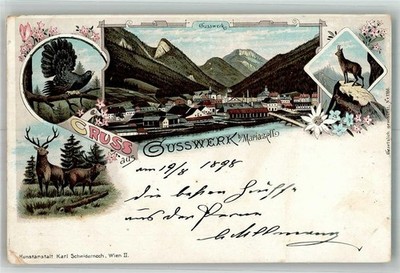13666803 - Gusswerk Auerhahn Hirsch Gemse Kirche Bruck an der Mur, Bezirk 1898
