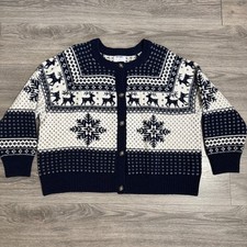 Old Navy Womens Cardigan Sweater 3X Fair Isle Navy Blue Snowflake Reindeer Knit