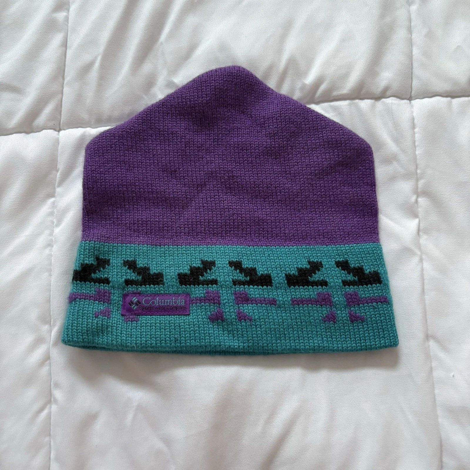 Vintage Columbia Beanie Hat Wool Winter Ski Fair Isle Purple Blue 80s 90s Retro