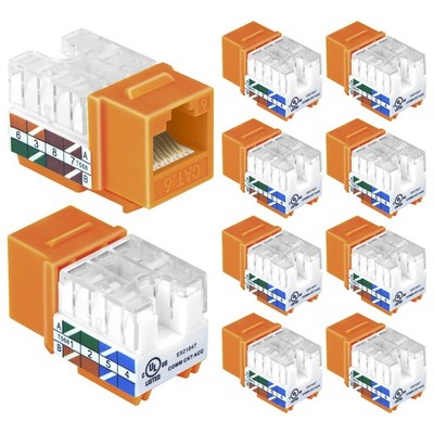 10 Pack RJ45 Cat6 Keystone Jacks Slim Profile 90Degree Punch Down Orange