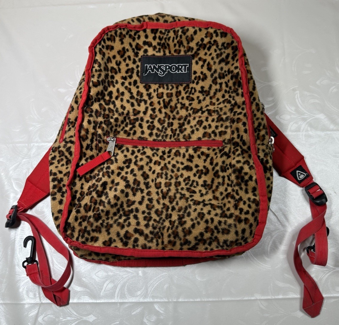 JanSport Velour Leopard Animal Print Backpack Book Bag Full JanSport Velour Leopard Animal Print Backpack Book Bag Full