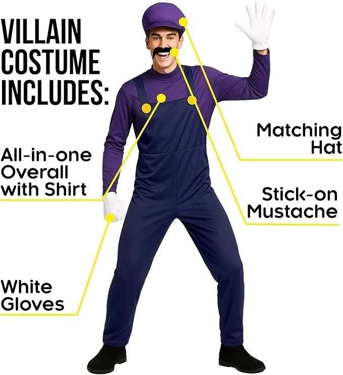 Disfraz Waluigi Super Mario Brothers adulto para hombre fontanero púrpura + sombrero bigote Foto 2 de 4