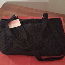 Lina Women  s Black Crochet Shoulder Bag Zip Closure Lined Inner Pockets Silver