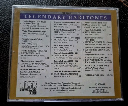 RARE SEALED NIMBUS RECORDS Legendary Baritone Prima Voice CD 1995 - Picture 2 of 7