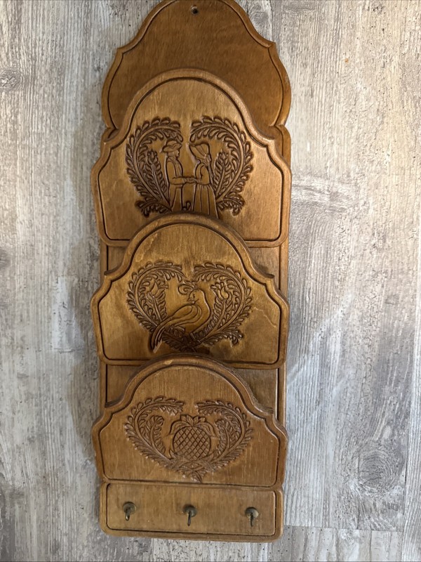 Vintage Wood Carved Mail/ Key Holder 1970s Small Stain Flaw On Bottom Holder