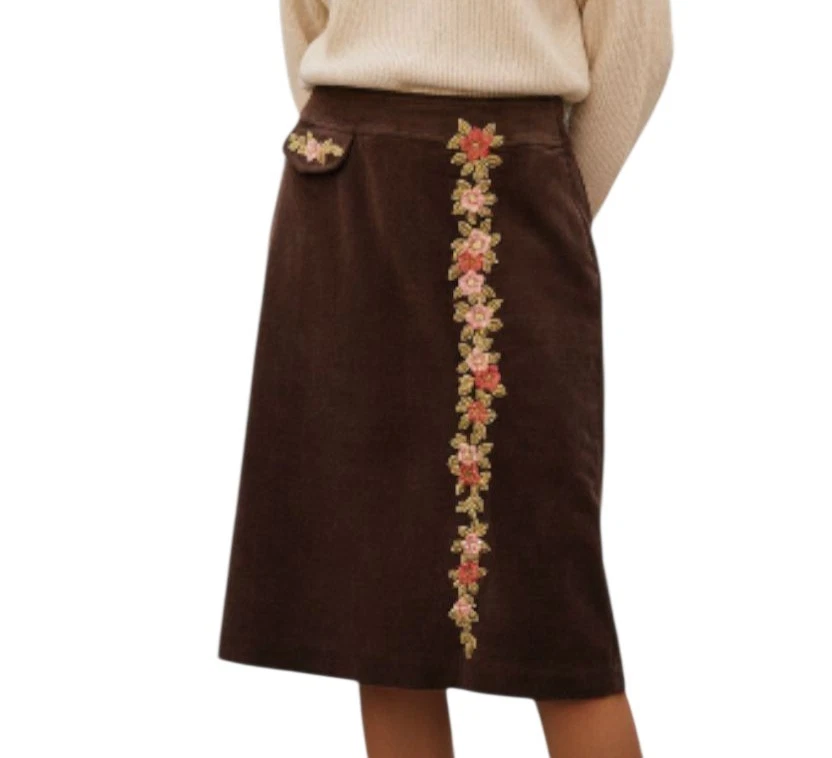 Harolds Women's Light-Corduroy Floral Pencil Brown Skirt Size 4