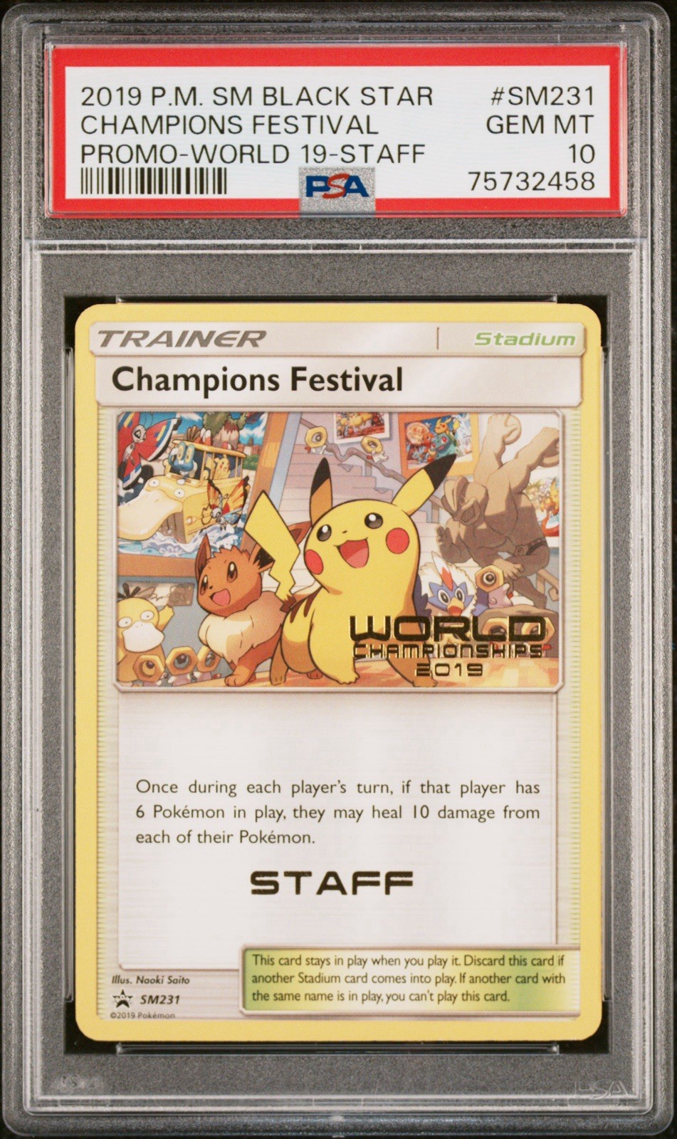 2019 Pokémon Champions Festival Black Star Promo Worlds Staff Stamp SM231 PSA 10