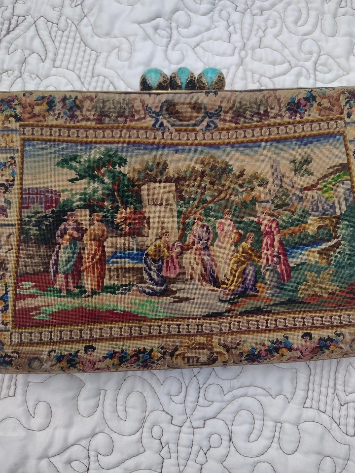vintage petit point purse with a scenic tapestry design and a turquoise-colored - Image 3 of 4