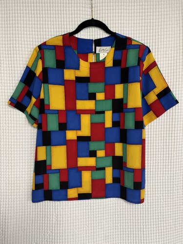 Kathy Che 1990s Vintage Colorblock Blouse Short Sleeve Women's M flowy retro 
