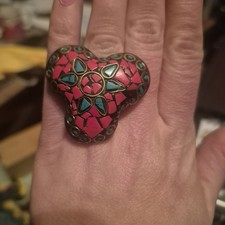 Large Tibetan Coral Turquoise Mosaic Statement Ring Brass Himalayan Boho