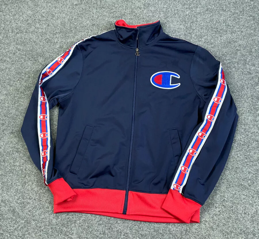 Champion Dark Blue Red Big C Patch Zip Track Jacket Adult Medium Logo Sleeves